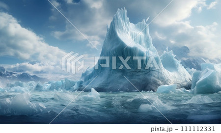 Arctic glaciers and ice icebergs in ocean. Stunning polar landscape. Concept of melting glaciers, climate change, global warming, sea level rise. For background, card, banner, poster. With copy space. 111112331