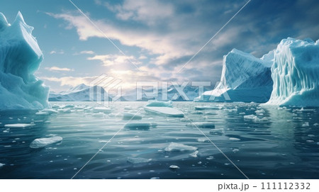Arctic glaciers and ice icebergs in the ocean. Stunning polar landscape. Concept of melting glaciers, climate change, global warming, sea level rise. Ideal for card, banner, poster. With copy space. Arctic glaciers and ice icebergs in the ocean. Stunning polar landscape. Concept of melting glaciers, climate change, global warming, sea level rise. Ideal for card, banner, poster. With copy space. 111112332