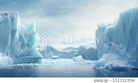 Arctic glaciers and ice icebergs in ocean. Stunning polar landscape. Concept of melting glaciers, climate change, global warming. Ideal for background, card, banner, poster. With copy space. 111112334