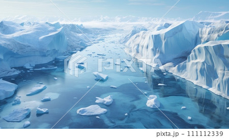 Arctic glaciers and ice icebergs in ocean. Stunning polar landscape. Crystal clear water. Concept of melting glaciers, climate change, global warming, sea level rise. Beauty of nature 111112339