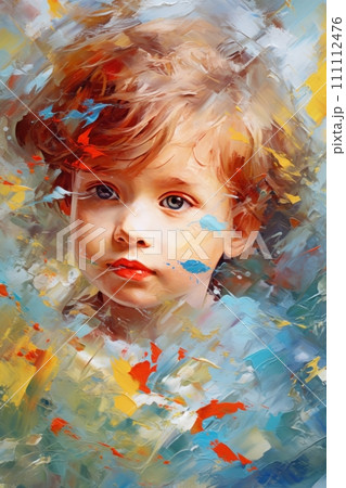 Portrait of cute kid. In style of impressionism and oil painting. Metaphorical associative card on theme of childhood. Psychological abstract picture. Postcard, wall decoration, book illustration 111112476