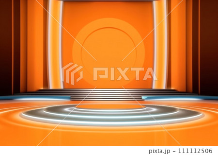 Podium for product presentation. Stage for showcase. Mockup. Modern Stage bathed in orange lights, featuring a circular platform. Empty illuminated platform with modern design. With copy space 111112506