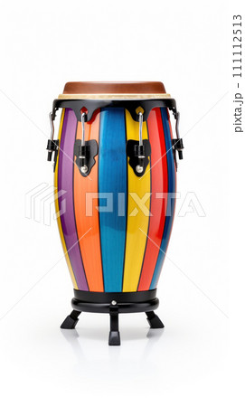 Rainbow conga drum isolated on a white background. Traditional percussion musical instrument of Afro-Cuban culture. Suitable for music-related projects and cultural designs. Vertical format. Rainbow conga drum isolated on a white background. Traditional percussion musical instrument of Afro-Cuban culture. Suitable for music-related projects and cultural designs. Vertical format. 111112513