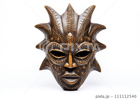 African ethnic tribal ritual mask isolated on white background. Wooden Tribal Mask of warrior with carved ornaments. Blend of Tradition and Modernity. Traditions and customs of Africa Travel souvenir 111112540