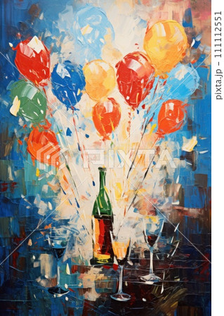 Metaphorical associative card on theme of party. Bright balloons and champagne. In Style of impressionism and oil painting. Psychological abstract picture. Postcard, wall decoration book illustration 111112551