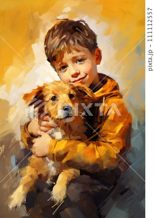 Metaphorical associative card on theme of love to animals. Boy hugging a dog. In style of impressionism and oil painting. Psychological abstract picture. Postcard, wall decoration, book illustration. Metaphorical associative card on theme of love to animals. Boy hugging a dog. In style of impressionism and oil painting. Psychological abstract picture. Postcard, wall decoration, book illustration. 111112557