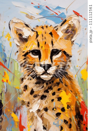 Metaphorical associative card on theme of animal. Leopard or cheetah. In style of impressionism and oil painting. Psychological abstract picture. Postcard, wall decoration, book illustration 111112561
