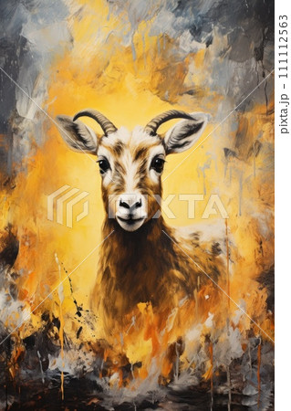 Metaphorical associative card on theme of animal. Goat on yellow background. In style of impressionism and oil painting. Psychological abstract picture. Postcard, wall decoration, book illustration. Metaphorical associative card on theme of animal. Goat on yellow background. In style of impressionism and oil painting. Psychological abstract picture. Postcard, wall decoration, book illustration. 111112563