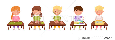 Creative Kid at Table Engaged in Handcraft Activity Vector Set 111112927