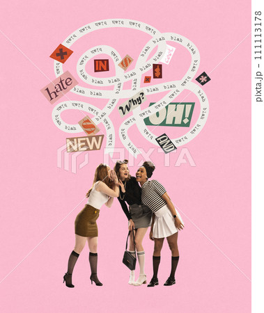 Three young women laughing together with speech bubbles containing words and symbols above. Spreading secrets, rumors. Contemporary art collage. 111113178