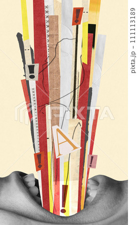 Human mouth shouting with abstract paper strips and exclamation marks over beige background. Contemporary art collage. Human mouth shouting with abstract paper strips and exclamation marks over beige background. Contemporary art collage. 111113189