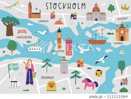Vector stylized illustrated city map of Stockholm with famous landmarks, places and symbols 111113364