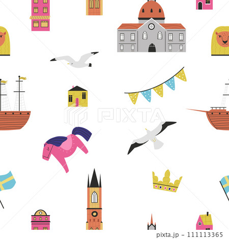 Seamless pattern with animals and symbols of Stockholm city, Sweden 111113365