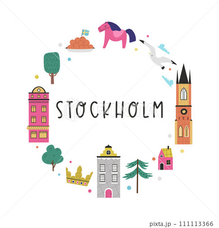 Colorful image, frame art, circle design with animals, landmarks, symbols of Stockholm city, Sweden 111113366