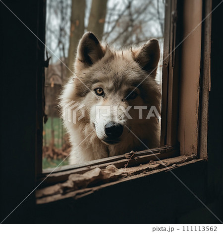 Wild wolf looks into the window of a house, a photo of the head of a wild animal from the window, nature enters the house 111113562