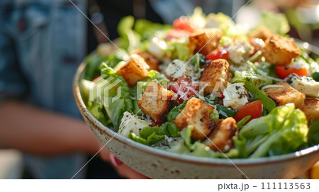 AI-generated content. Close-up of ceramic bowl with delicious Caesar salad. Classic Italian salad with green Romano leaves, chicken fillet, Parmesan cheese, homemade croutons and dressing. AI-generated content. Close-up of ceramic bowl with delicious Caesar salad. Classic Italian salad with green Romano leaves, chicken fillet, Parmesan cheese, homemade croutons and dressing. 111113563