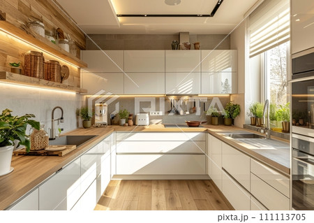 AI-generated content. Interior of modern minimalist Scandi kitchen. Flat white facades, wooden countertop, open shelves with kitchen utensils, built-in home appliances, indoor plants. 111113705