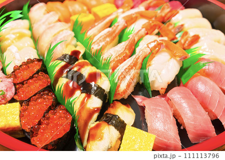 [国内] 蟹、海老、中トロ、アナゴ、ホタテやイクラの握り寿司の盛り合わせ。 111113796