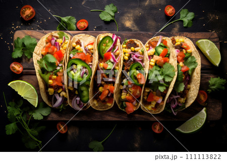 Top view of vegan tacos with vegetables on the wooden board 111113822