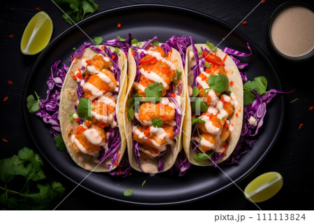 Top view of Bang Bang shrimp Tacos with purple coleslaw, tomato and sauce on the black plate 111113824