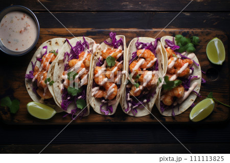 Top view of Bang Bang shrimp Tacos with purple coleslaw, tomato and sauce on the wooden board 111113825