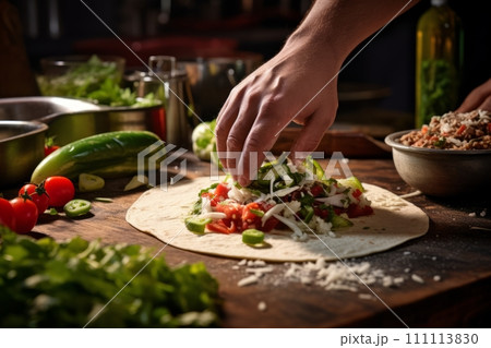 Hand preparing fresh gourmet Mexican taco meal with vegetable and meat filling in the kitchen 111113830