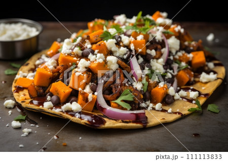 An artfully composed shot of a street taco with vegetable and cheese filling on the table An artfully composed shot of a street taco with vegetable and cheese filling on the table 111113833