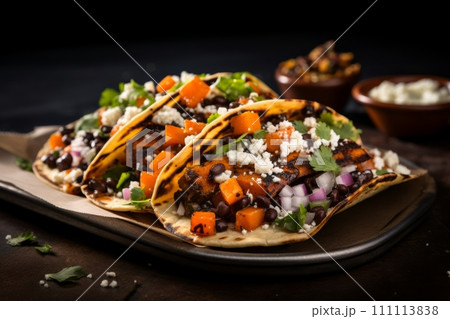 An artfully composed shot of a street taco with vegetable and cheese filling on the black plate 111113838
