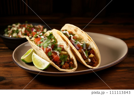 Two Juicy beef tacos topped with veggies side by side on the beige plate on wooden table 111113843