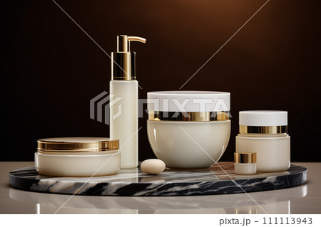 Set of glass jars, tubes and bottles of luxury cosmetics on the table. Mockup for design 111113943