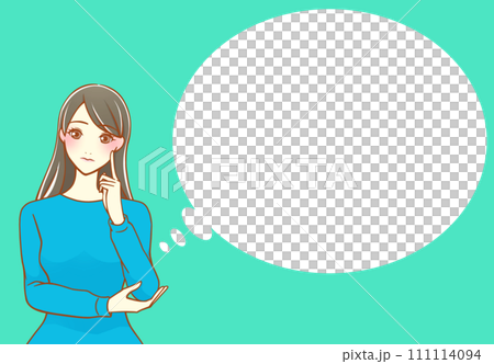 人差し指を頬にあてて考える黒髪の女性 フキダシ(青×浅黄) 人差し指を頬にあてて考える黒髪の女性 フキダシ(青×浅黄) 111114094