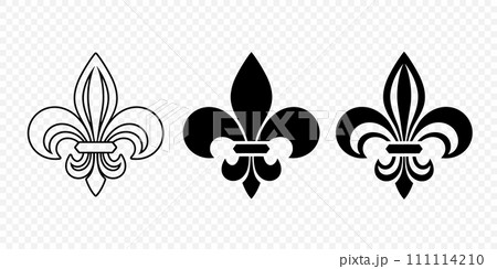 Vector Vintage White and Black Fleur De Lis Icon Set Isolated. Heraldic Lily, Retro Design Element. Vector Illustration 111114210