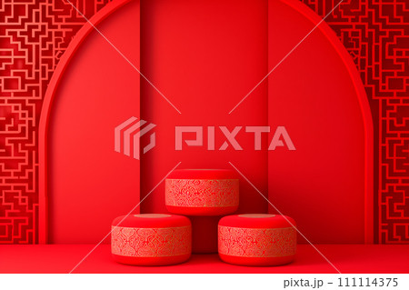 Podium or stage for product demonstration Chinese new year on red background 111114375