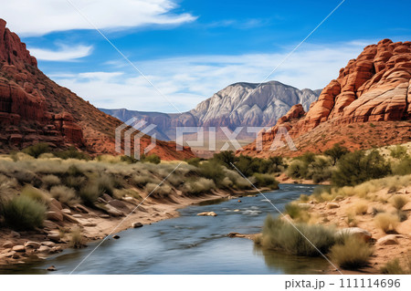 Fast mountain river against the backdrop of steep mountain rocks and blue sky 111114696