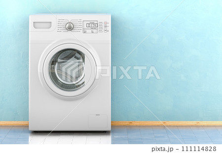 Washing machine in room near the wall, front view. 3D rendering 111114828
