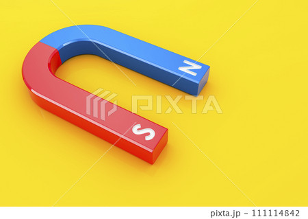 Horseshoe Magnet on yellow backdrop. 3D rendering 111114842