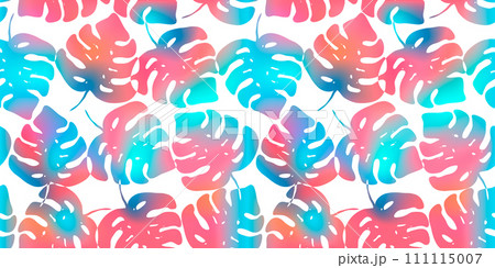 Bright teal blue and coral pink holographic seamless pattern with colorful tropical monstera leaves. Neon exotic plants texture for textile, wrapping paper, wallpaper, background 111115007