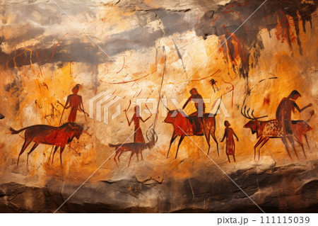 Cave painting. Ancient Cave Art. Old rock paintings of primitive people. Stone Age. Art and drawings of cavemen. Glimpse into Prehistoric Life. History and archaeology 111115039