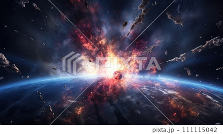 Asteroid explosion in space. A digital art representation of fiery space explosion. Catastrophic event in the cosmos. Meteorite or comet breaks into pieces 111115042