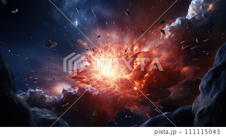 Big Bang. Explosions in space with fiery flashes. A digital art representation of cosmic burst. Big cosmic explosion in space against background of stars and galaxies Big Bang. Explosions in space with fiery flashes. A digital art representation of cosmic burst. Big cosmic explosion in space against background of stars and galaxies 111115043