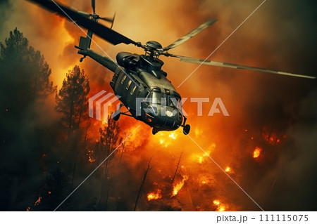 Helicopter extinguishes a fire in the forest. View from above. Helicopter Overcomes Forest Inferno. Brave firefighters stop natural disaster and save nature 111115075