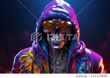 Stylish silver male skeleton rapper in a vibrant hip hop clothes with hood, wearing sunglasses, posed on purple background. Fashionable human skeleton. Funny character. 111115089