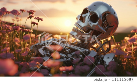 Metal skeleton of android lies in field with flowers at sunset. Broken discarded Destroyed robot. Details and components of the bot. Dead bot. 111115097