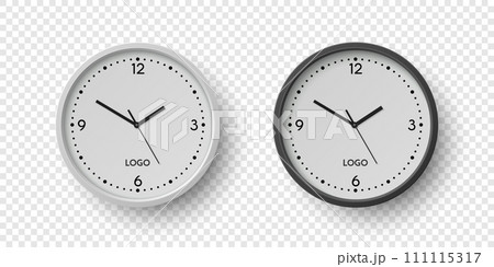 Vector 3d Realistic Round Wall Office Clock Set. White and Black Dial Closeup Isolated. Design Template, Mock-up for Branding, Advertise. Simple Minimalistic Wall Clocks in Front View 111115317