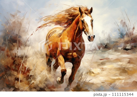 Majestic chestnut Horse Galloping in Field. Power and Grace of Wild Horse in Motion. Painting in style of oil painting rough brush strokes. Concept of freedom and beauty of wild animal 111115344