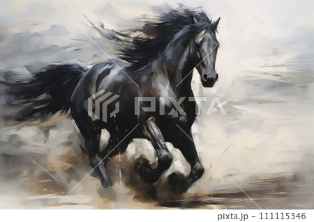 Wild free black horse in motion. Power and Grace of Horse. Painting in style of Impressionism and oil painting, rough brush strokes. Concept of freedom and beauty of wild animal. 111115346