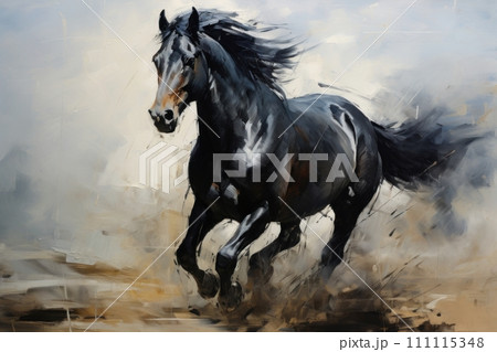 Majestic Black Horse Galloping in Field. Power and Grace of Wild Horse in Motion. Painting in style of Impressionism and oil painting, rough brush strokes. Concept of freedom and beauty of wild animal 111115348