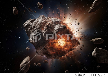 Asteroid Collision in Outer Space. Cosmic Catastrophe. Fiery explosion and flash. Flying comet or meteorite in space. Mysterious space and science fiction concept. Asteroid Collision in Outer Space. Cosmic Catastrophe. Fiery explosion and flash. Flying comet or meteorite in space. Mysterious space and science fiction concept. 111115353