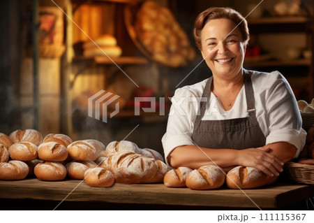 Baker woman showcasing variety of freshly baked bread and buns in a rustic kitchen setting. Fat, kind, smiling middle-aged lady in apron. Concept of small industries and healthy food 111115367