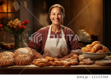 Woman housewife and homemade baked goods. Baker woman showcasing a variety of freshly baked bread and buns in a rustic kitchen setting. Smiling middle-aged lady in a white apron. 111115368
